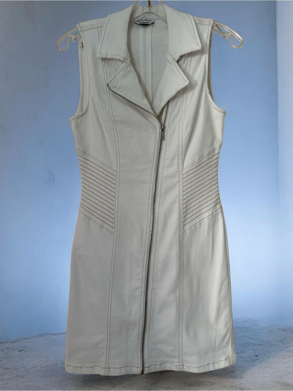 Bebe White Sleeveless Asymmetrical Zip-Front Bodycon Dress